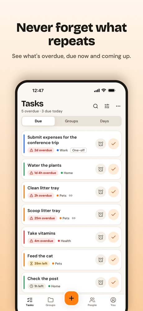 Never forget what repeats: the Tasks screen showing what's overdue, due now and coming up
