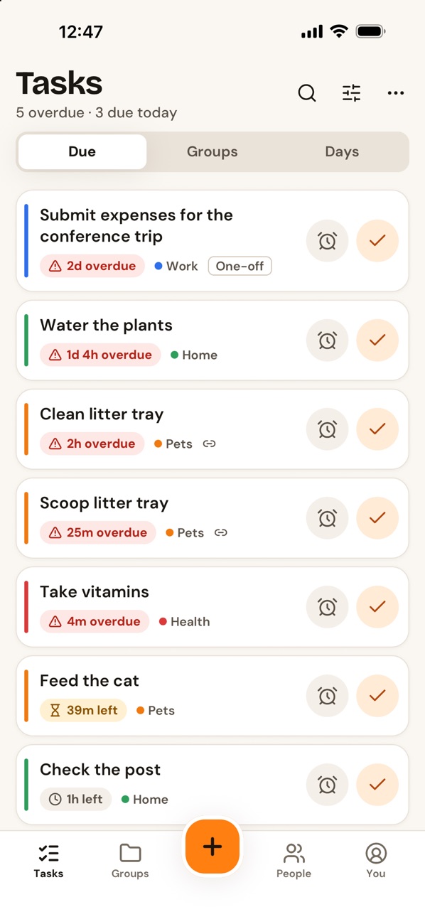 TaskAnt Tasks screen showing overdue and upcoming tasks with Snooze and Done buttons