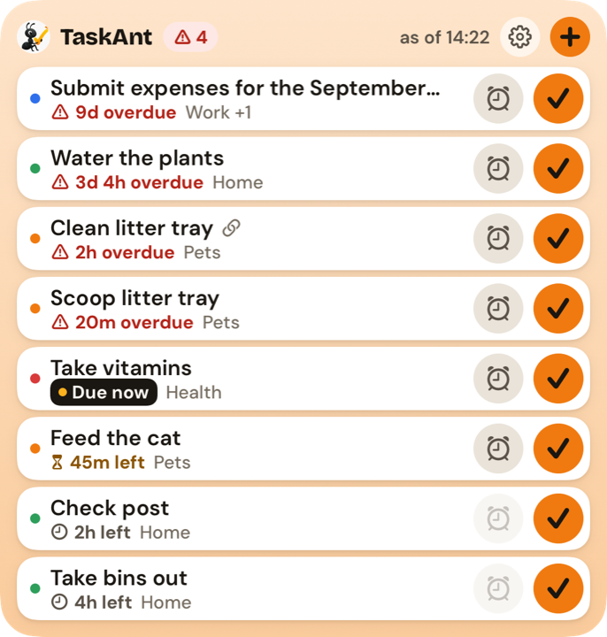 Large TaskAnt widget listing overdue and upcoming tasks with Snooze and Done buttons